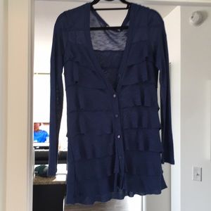 Anthropologie navy, ruffle, long button cardigan
